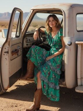 Sundance teal jade green tiered cotton blend maxi dress Small Boho Southwest